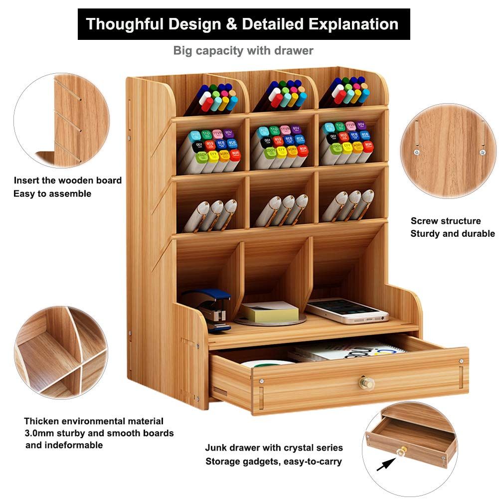 Wooden Desk Organizer with Drawer, DIY Pen Holder Storage Box Creative Desktop Storage Rack for Home, Office and Schoo