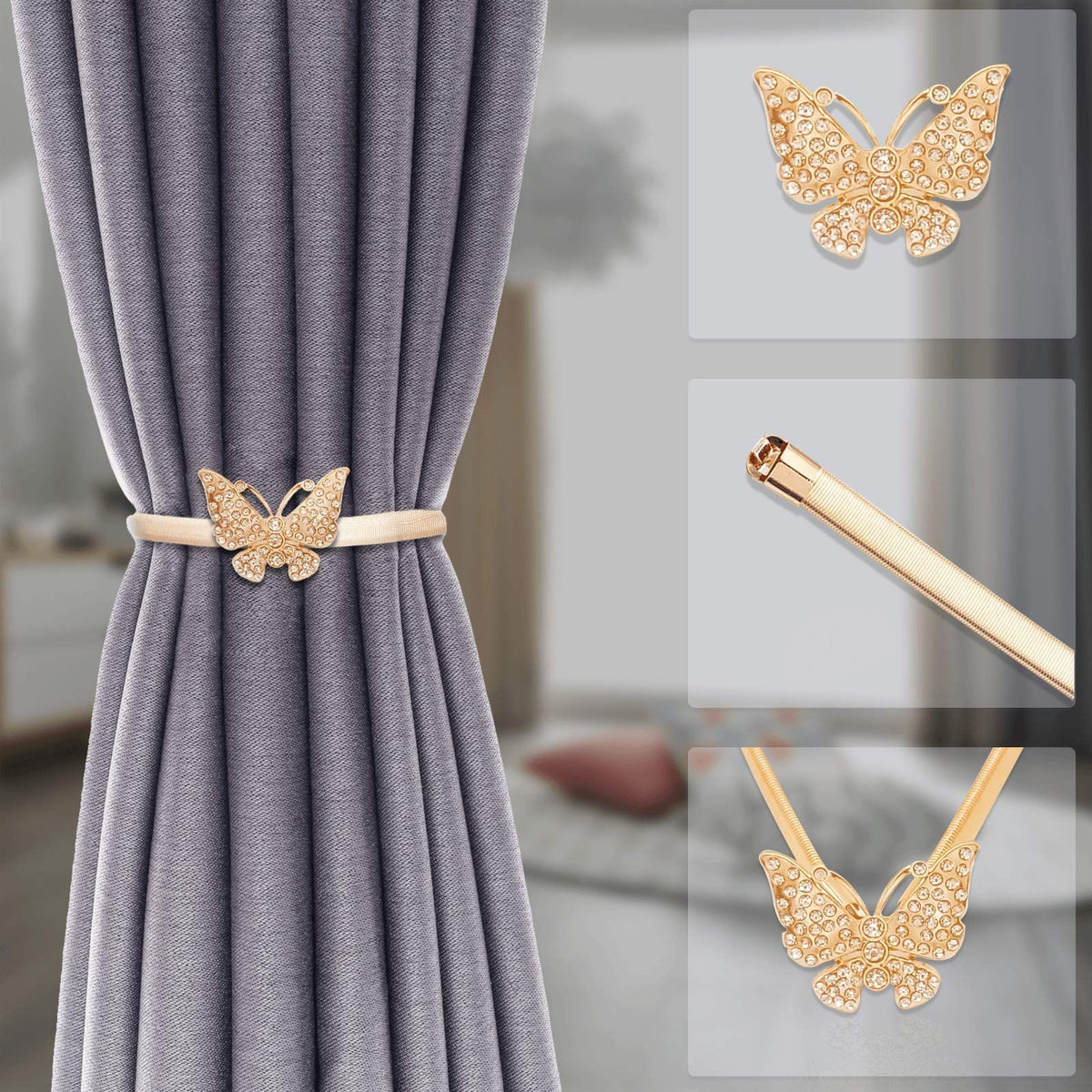 Spring Design Curtain Ties Carving Design Curtain Holdback Curtain Holders for Drapes Backs Thin or Thick Curtain(Gold Butterfly)