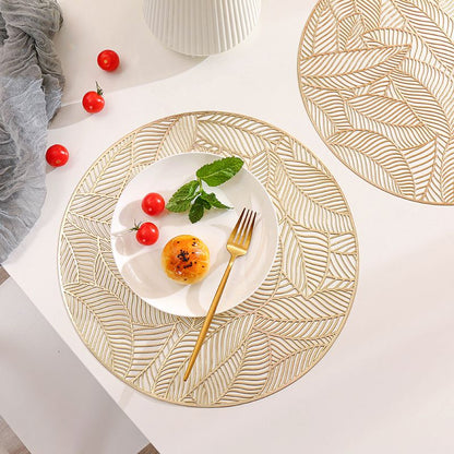 Placemats Set of 2, Round Leaf Place Mats for Dining Table Hollowed-Out Pressed Vinyl Table Mats for Holiday Party Wedding Accent