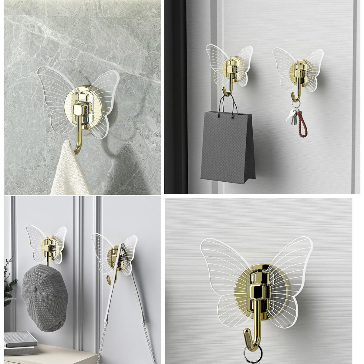 4 pcs Butterfly Hooks, Decorative Self Adhesive Hooks for Hanging Heavy Duty Wall Hooks, Towel Coat Hooks Waterproof Hooks