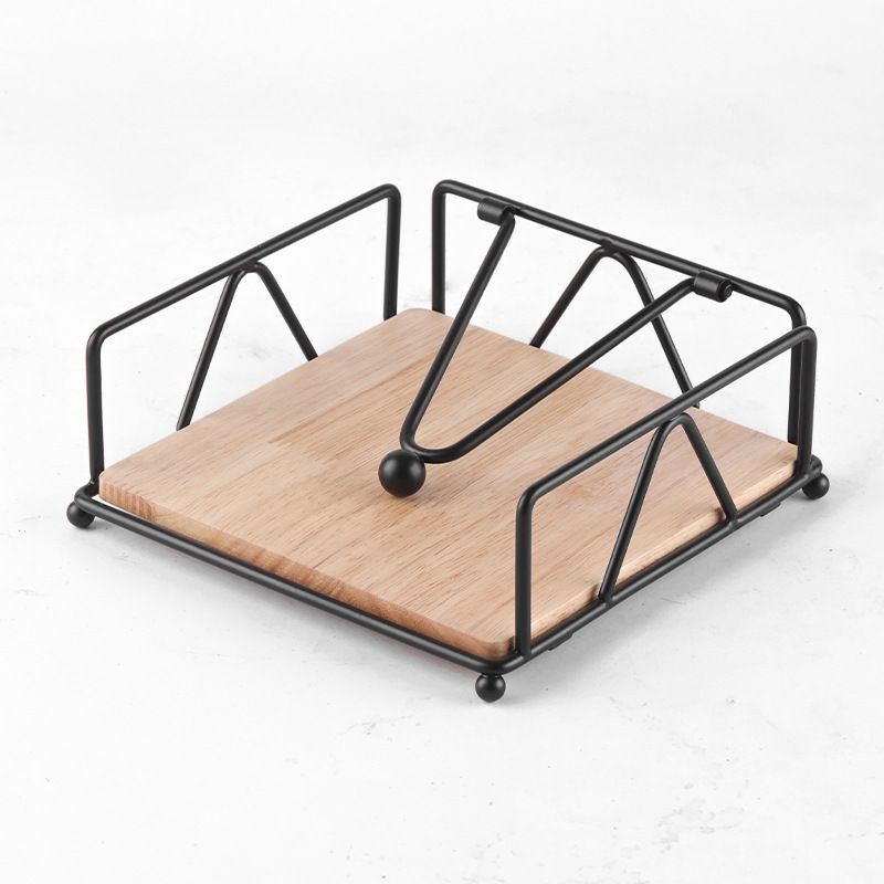 Flat Napkin Holder Metal Napkin Holder with Weighted Arm and Wood Base Napkin Dispenser Tissue Holder for Kitchen Dinning Table
