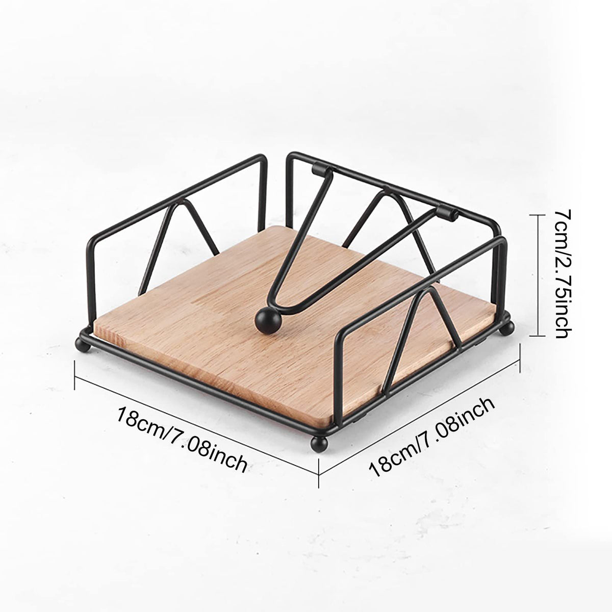 Flat Napkin Holder Metal Napkin Holder with Weighted Arm and Wood Base Napkin Dispenser Tissue Holder for Kitchen Dinning Table