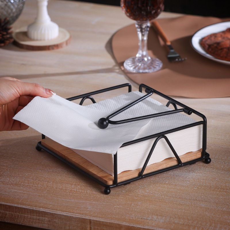 Flat Napkin Holder Metal Napkin Holder with Weighted Arm and Wood Base Napkin Dispenser Tissue Holder for Kitchen Dinning Table