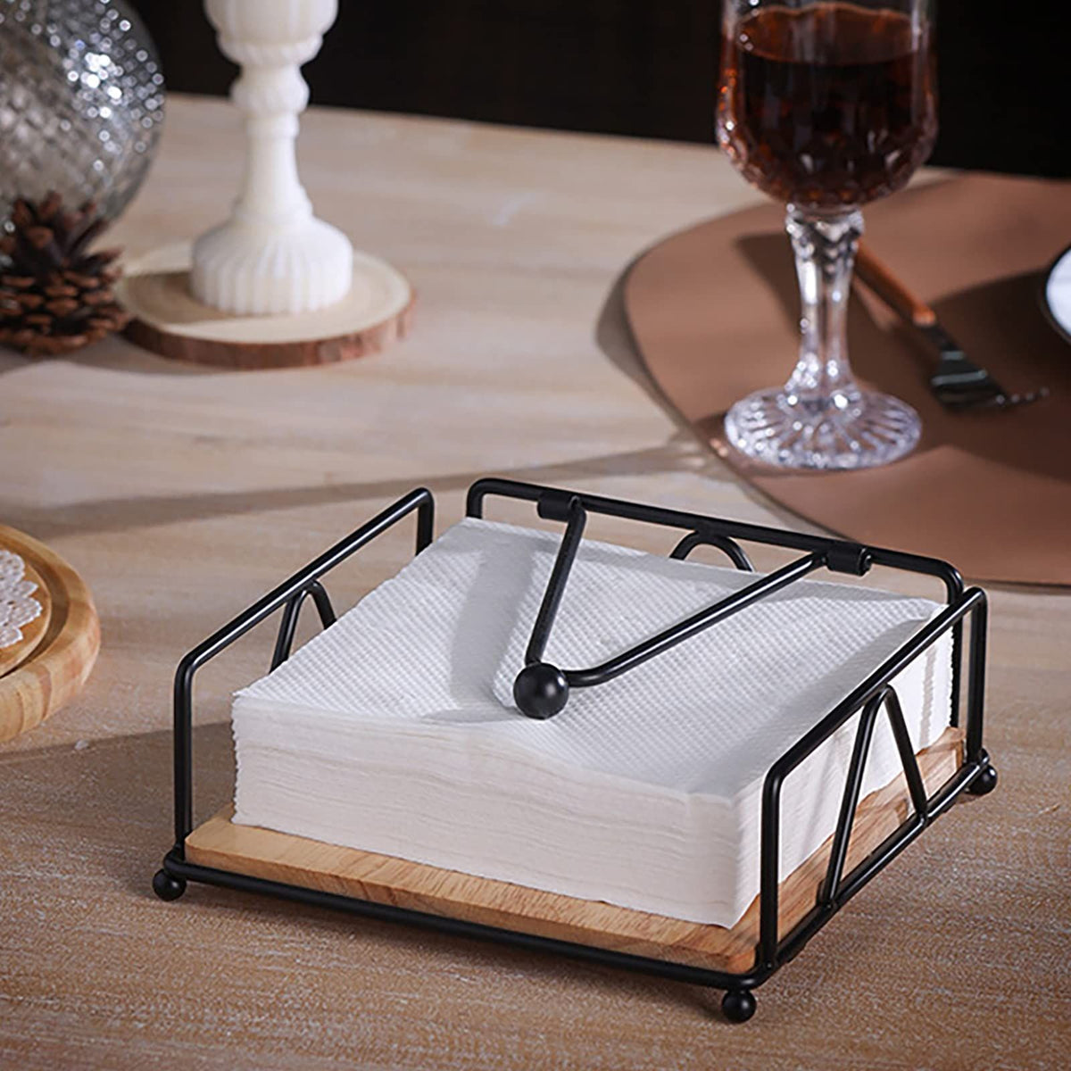 Flat Napkin Holder Metal Napkin Holder with Weighted Arm and Wood Base Napkin Dispenser Tissue Holder for Kitchen Dinning Table
