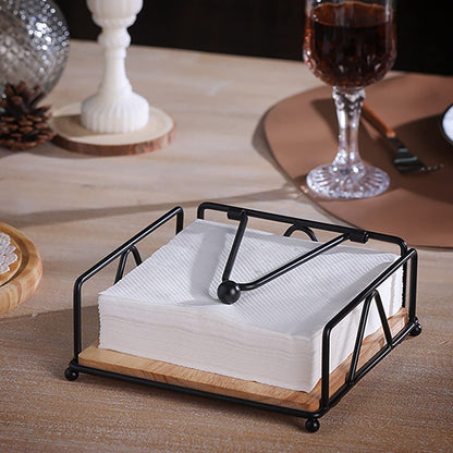 Flat Napkin Holder Metal Napkin Holder with Weighted Arm and Wood Base Napkin Dispenser Tissue Holder for Kitchen Dinning Table