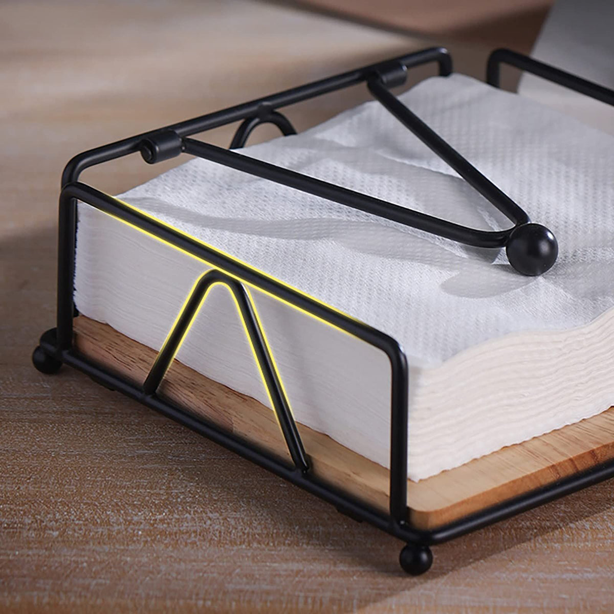 Flat Napkin Holder Metal Napkin Holder with Weighted Arm and Wood Base Napkin Dispenser Tissue Holder for Kitchen Dinning Table