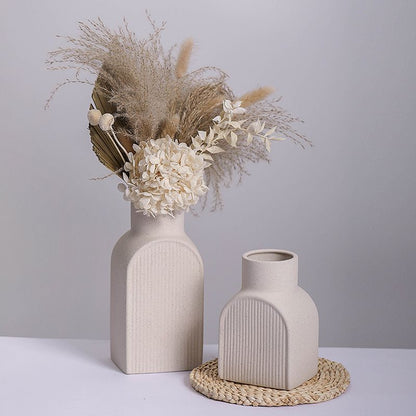 White Ceramic Vase Set of 2，Square Vase Rustic Home Decor Minimalist Nordic Boho Style for Living Room, Shelf, Table, Bookshelf