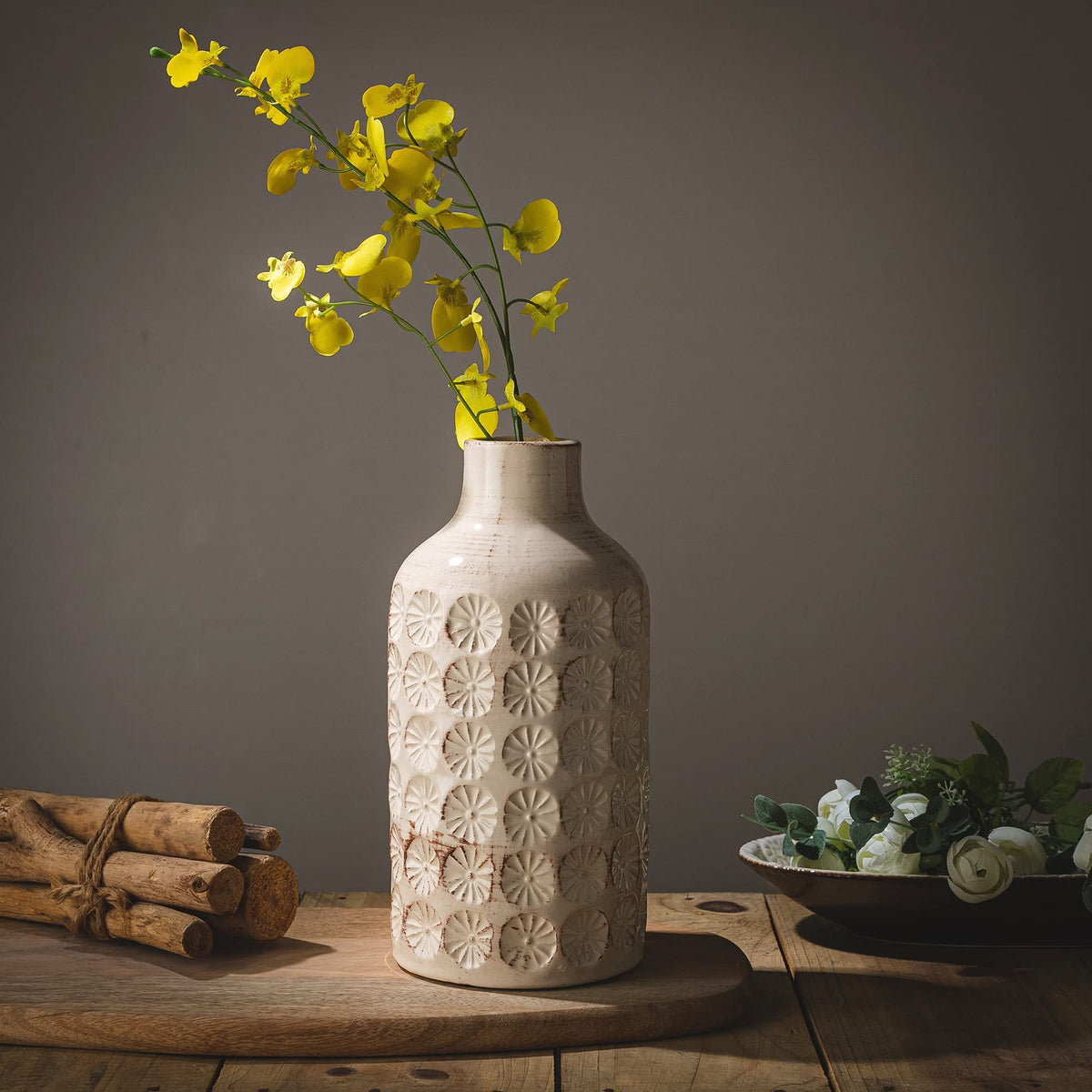 Ceramic Rustic Farmhouse Vase,Neutral Cream Vases Pottery Decorative Floral Textured Vase for Home Decor, Table, Shelf Decor