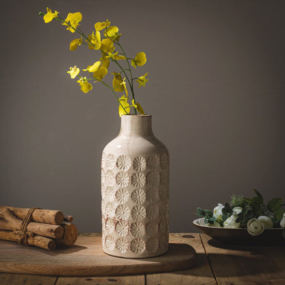 Ceramic Rustic Farmhouse Vase,Neutral Cream Vases Pottery Decorative Floral Textured Vase for Home Decor, Table, Shelf Decor