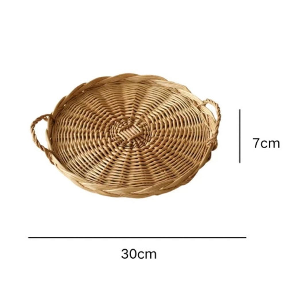 1 Pc Round Wicker Tray,Decorative Tray for Ottomans,Hand-Woven Platter for Snacks,Binaural Portable Tray,Bread Snack Fruit Tray