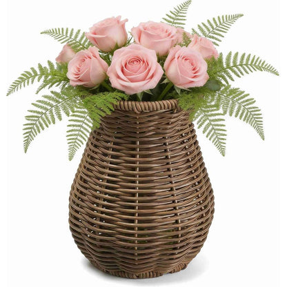 Rattan Vase for Flowers, Rustic Woven Wicker Vase for Boho Home Decor, Imitation Rattan Flower Basket, Farmhouse Desktop Centerpiece for Pampas Grass, Dried Floral Arrangement(Dark Brown)