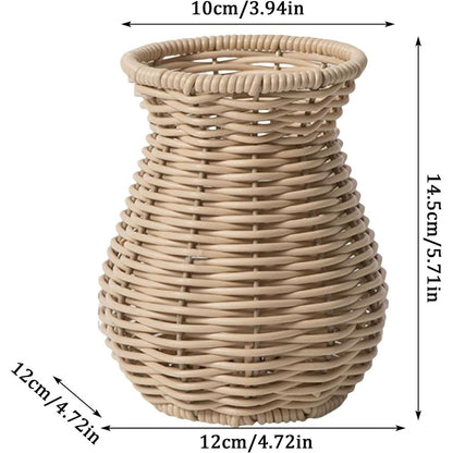 Rattan Vase for Flowers, Rustic Woven Wicker Vase for Boho Home Decor, Imitation Rattan Flower Basket, Farmhouse Desktop Centerpiece for Pampas Grass, Dried Floral Arrangement(Dark Brown)