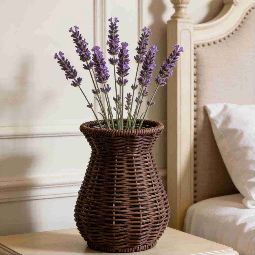 Rattan Vase for Flowers, Rustic Woven Wicker Vase for Boho Home Decor, Imitation Rattan Flower Basket, Farmhouse Desktop Centerpiece for Pampas Grass, Dried Floral Arrangement(Dark Brown)