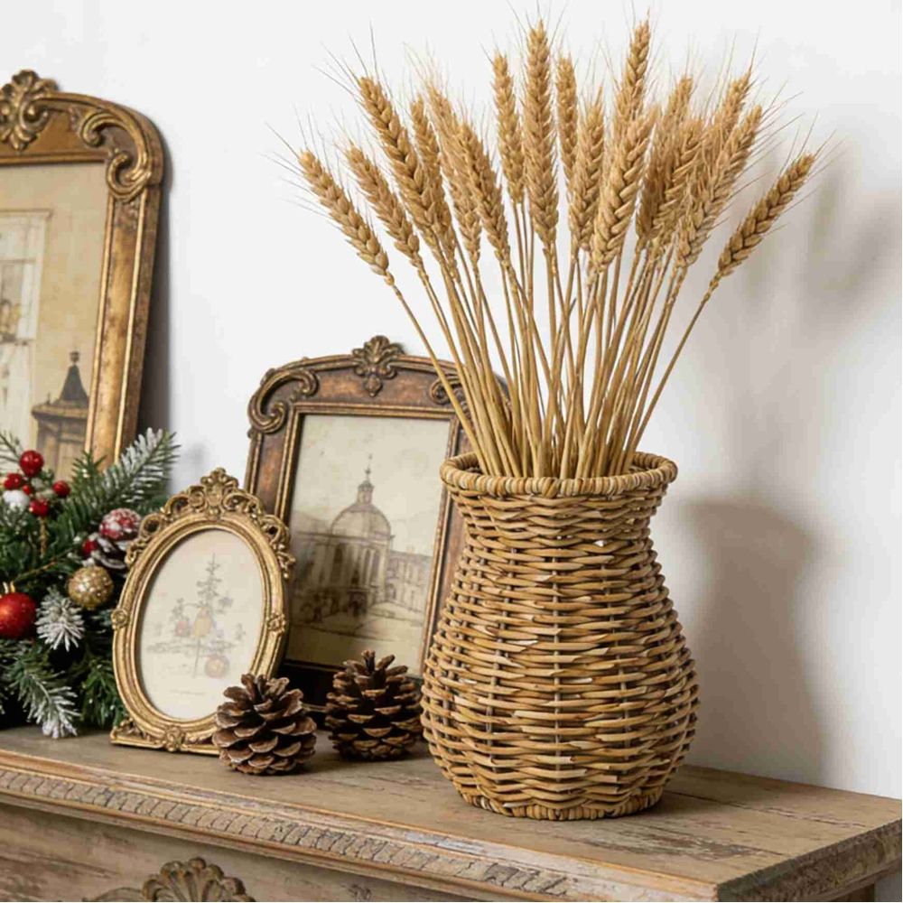 Rattan Vase for Flowers, Rustic Woven Wicker Vase for Boho Home Decor, Imitation Rattan Flower Basket, Farmhouse Desktop Centerpiece for Pampas Grass, Dried Floral Arrangement(Dark Brown)