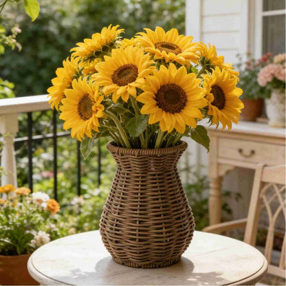 Rattan Vase for Flowers, Rustic Woven Wicker Vase for Boho Home Decor, Imitation Rattan Flower Basket, Farmhouse Desktop Centerpiece for Pampas Grass, Dried Floral Arrangement(Dark Brown)