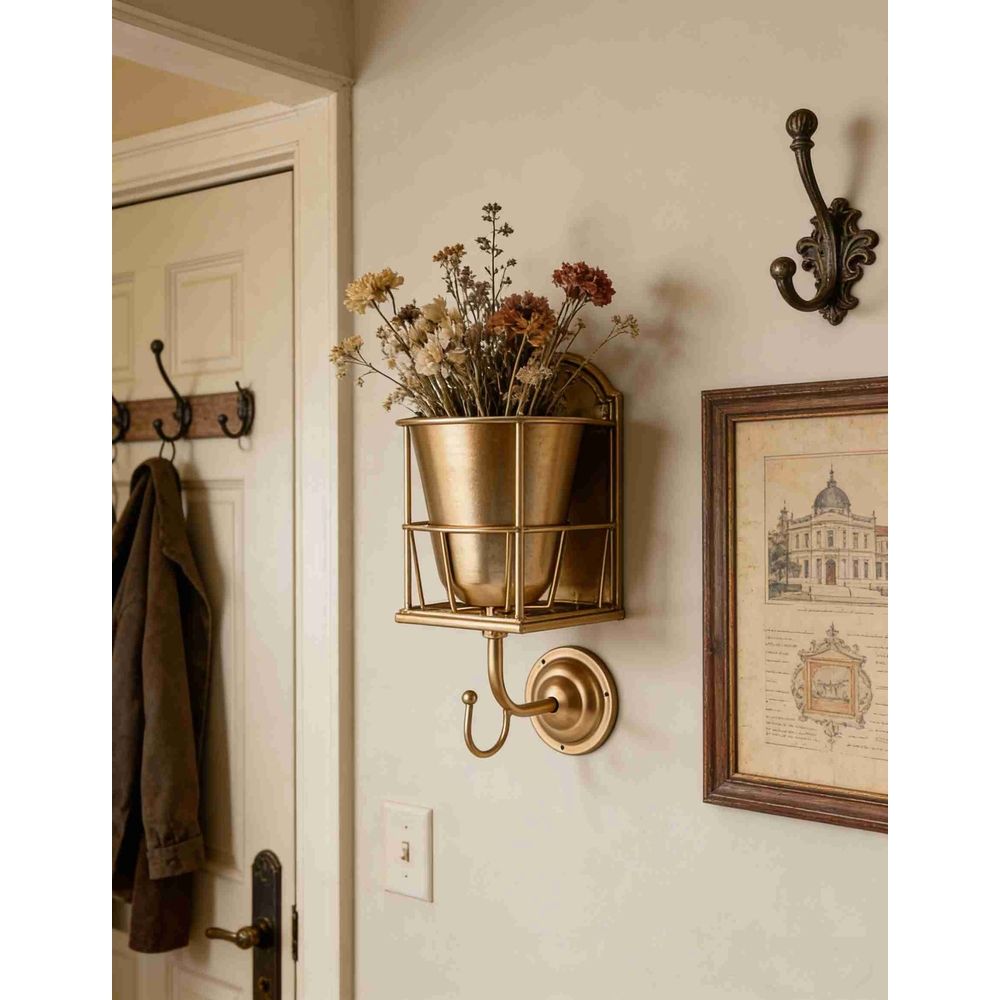Handcrafted Opal Wall Vessel, Gold Vintage Brass Container Vase, Versatile Hanging Organizer, Wall Vessel Vases for Flowers