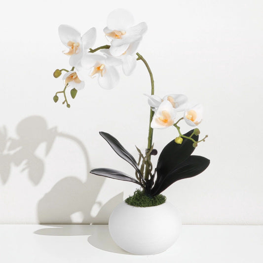 Orchid Artificial Flowers with Vase, White Fake Silk Orchids Floral Centerpiece, Decorative Potted Phaleanopsis Orchid Bonsai for Home Office Table Decor