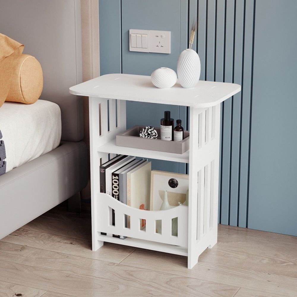 Small Narrow Side Table, 3-Tier Skinny End Table with Storage Shelf, Slim Nightstand Bedside Table for Small Spaces, Living Room, Bderoom, White