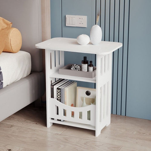Small Narrow Side Table, 3-Tier Skinny End Table with Storage Shelf, Slim Nightstand Bedside Table for Small Spaces, Living Room, Bderoom, White