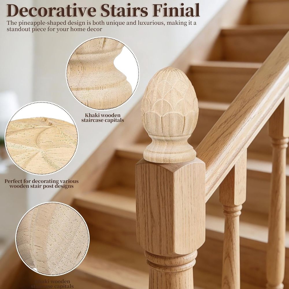 European Style Pineapple Wood Finial for Staircases 3.14 Inch - Carved Column End with Khaki Finish