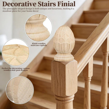 European Style Pineapple Wood Finial for Staircases 3.14 Inch - Carved Column End with Khaki Finish