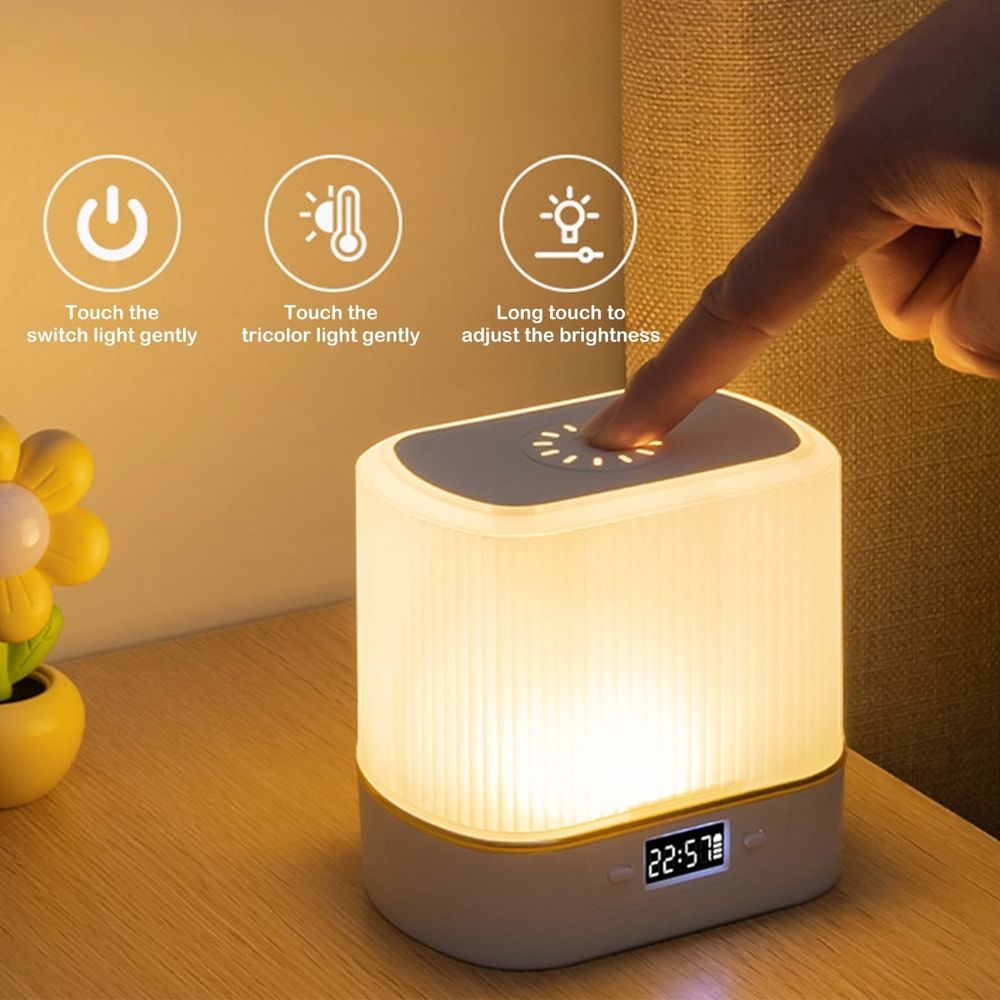 Rechargeable Night Light Bedside Lamp Baby Feeding Bedroom Table Lamp with Clock Adjustable Brightness 3 Color Eye Care USB or Plug In for Reading Sleeping Office