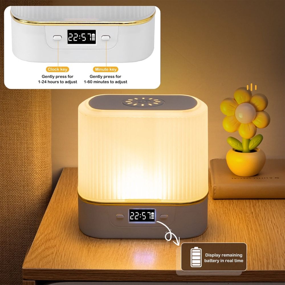 Rechargeable Night Light Bedside Lamp Baby Feeding Bedroom Table Lamp with Clock Adjustable Brightness 3 Color Eye Care USB or Plug In for Reading Sleeping Office