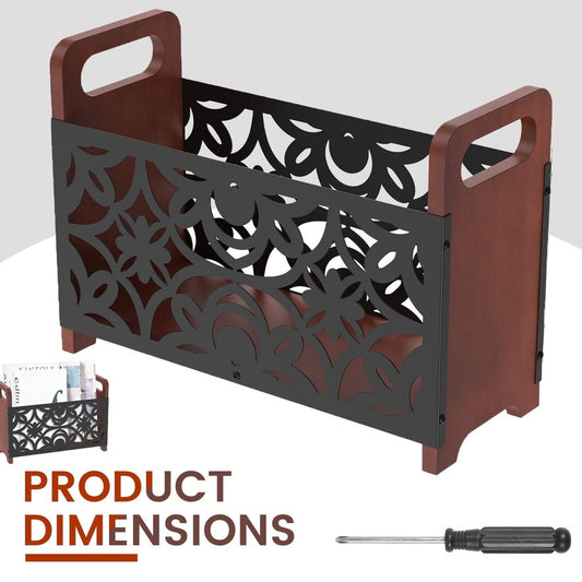 Wood Magazine Rack with Metal Wire Basket and Handle, Farmhouse Magazine Holder Organizer for Coffee Table, Bookshelf and Beside Recliner