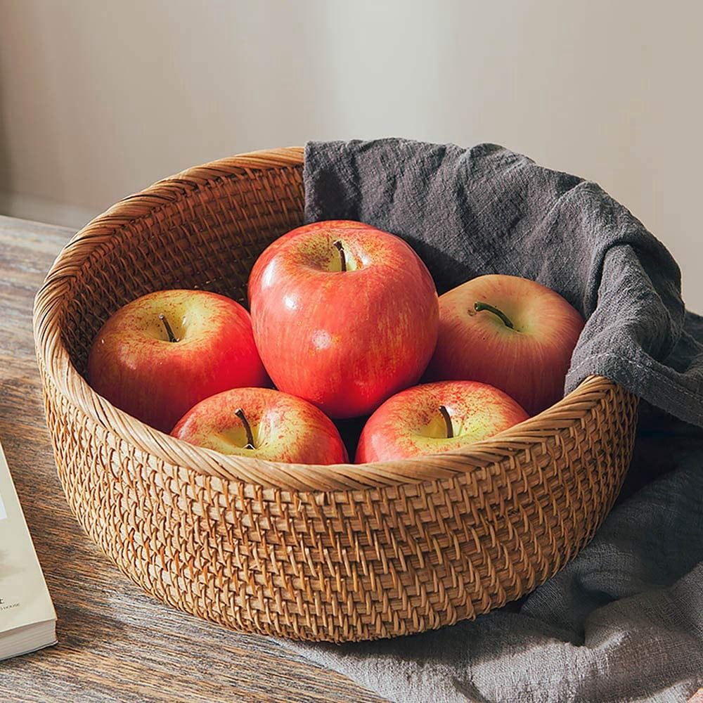 Natural Rattan Round Fruit Basket Wicker Tabletop Bread Serving Tray Weaving Food Storage Bowls(Large, 1Pcs)