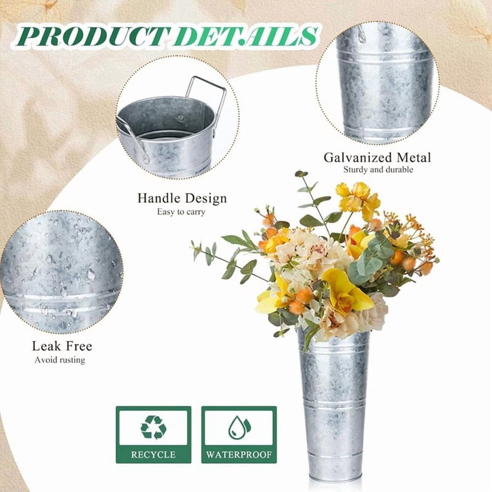 6 Pcs Galvanized Bucket Flower Bar,10 Inch Flower Bucket with Handles, Flower Bar Supplies and Buckets Farmhouse Vases