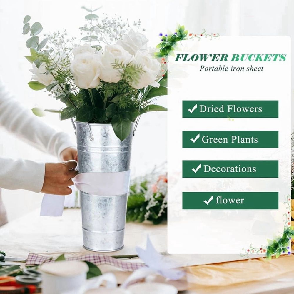6 Pcs Galvanized Bucket Flower Bar,10 Inch Flower Bucket with Handles, Flower Bar Supplies and Buckets Farmhouse Vases