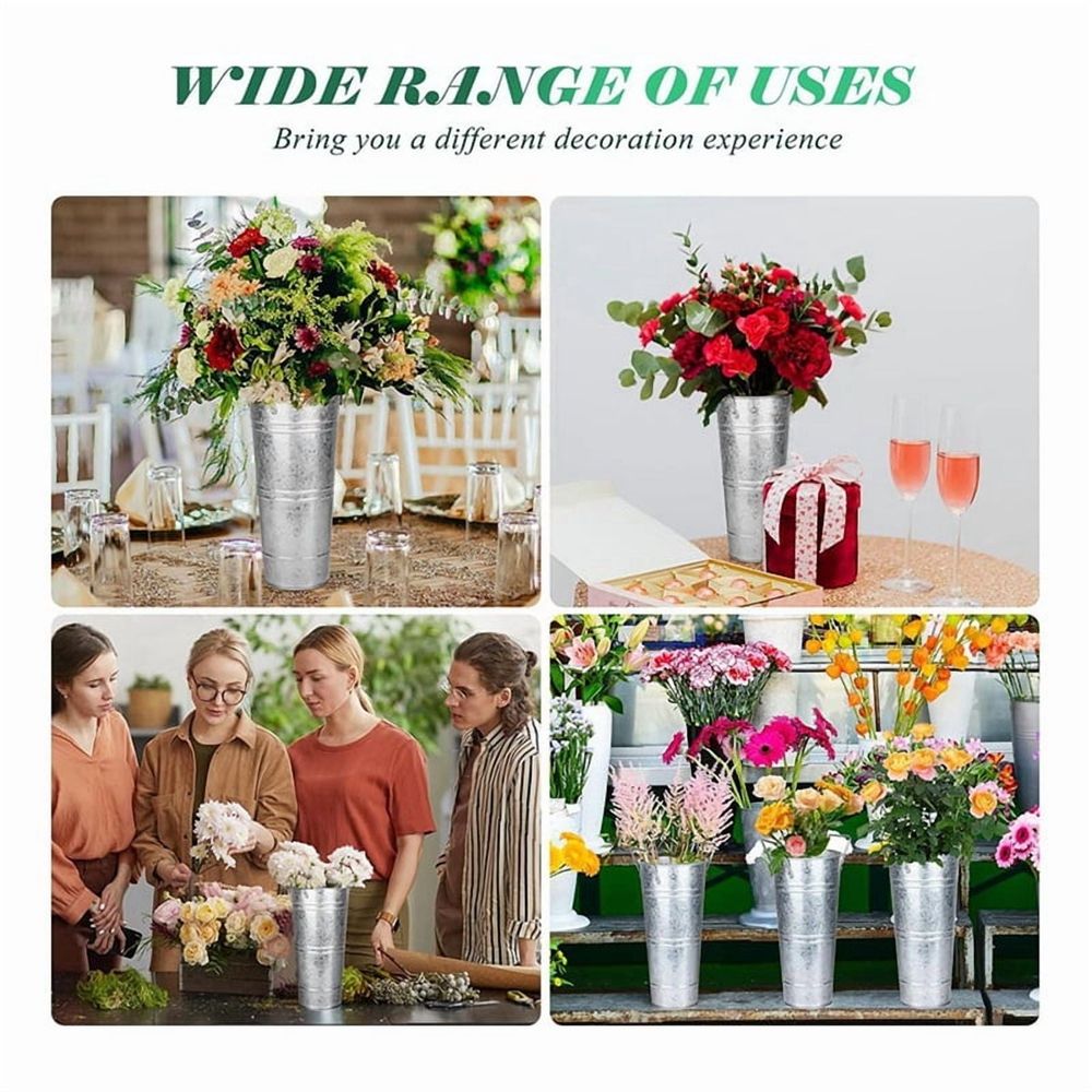 6 Pcs Galvanized Bucket Flower Bar,10 Inch Flower Bucket with Handles, Flower Bar Supplies and Buckets Farmhouse Vases