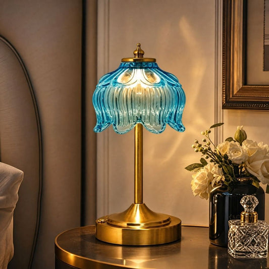 Cordless Table Lamp, Rechargeable Amber Glass Lotus Flower Lamp 3600mAh touch lamp with 3 color modes, battery operated lamp for nightstands and kitchen counters, Nightstand Lake Blue