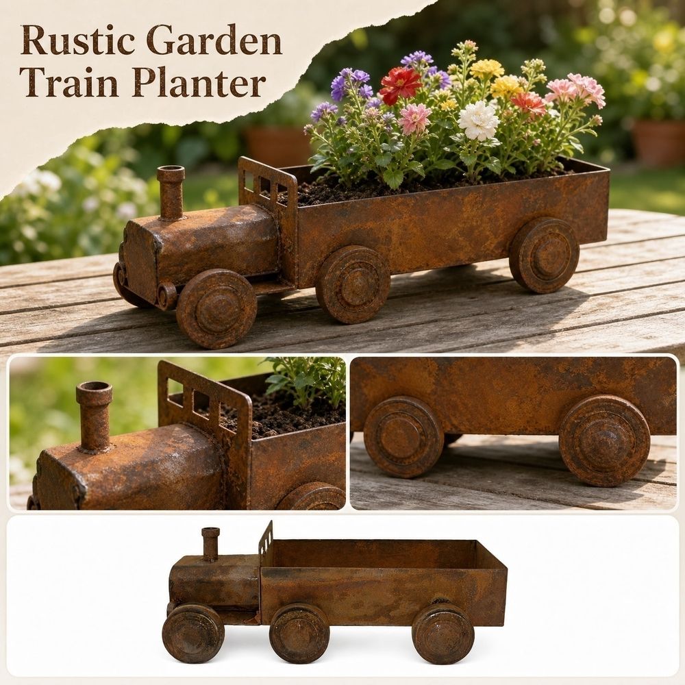Antique Style Steam Train Planter Pot with Rustic Iron Finish, Decorative Locomotive Garden Sculpture and Courtyard Outdoor Ornament for Backyard Botanical Display