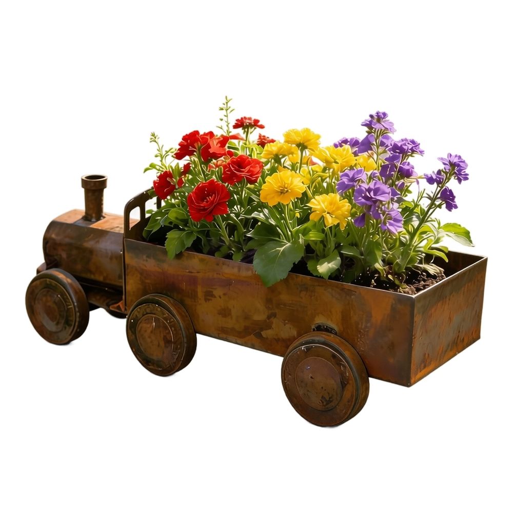 Antique Style Steam Train Planter Pot with Rustic Iron Finish, Decorative Locomotive Garden Sculpture and Courtyard Outdoor Ornament for Backyard Botanical Display