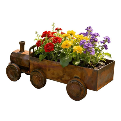 Antique Style Steam Train Planter Pot with Rustic Iron Finish, Decorative Locomotive Garden Sculpture and Courtyard Outdoor Ornament for Backyard Botanical Display