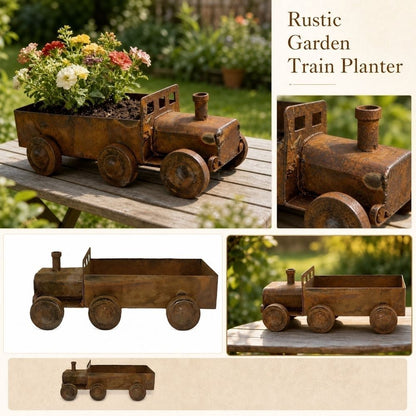 Antique Style Steam Train Planter Pot with Rustic Iron Finish, Decorative Locomotive Garden Sculpture and Courtyard Outdoor Ornament for Backyard Botanical Display