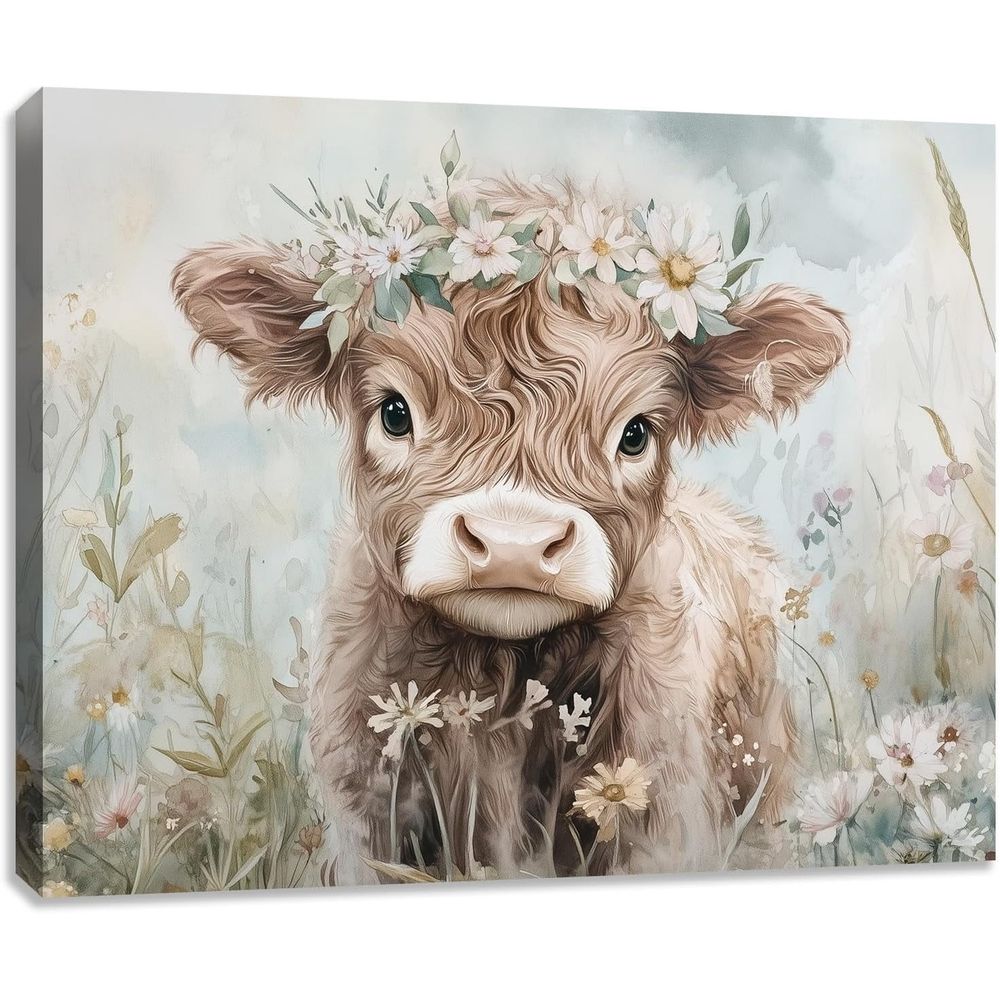 Funny Cute Highland Cow Canvas Wall Art Highland Cattle Picture Painting Wall Decor Flowers Animals Poster Print Artwork Decoration for Farmhouse Living Room Bedroom Home Decor 16L x 12W
