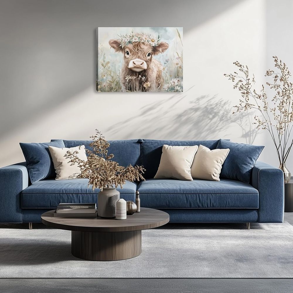 Funny Cute Highland Cow Canvas Wall Art Highland Cattle Picture Painting Wall Decor Flowers Animals Poster Print Artwork Decoration for Farmhouse Living Room Bedroom Home Decor 16L x 12W