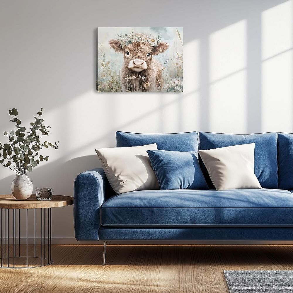 Funny Cute Highland Cow Canvas Wall Art Highland Cattle Picture Painting Wall Decor Flowers Animals Poster Print Artwork Decoration for Farmhouse Living Room Bedroom Home Decor 16L x 12W