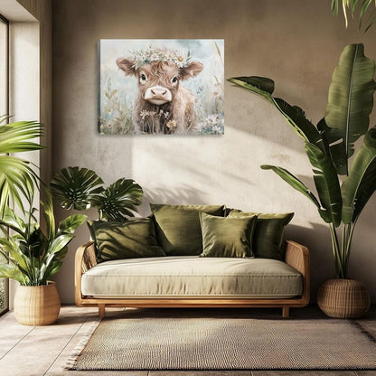 Funny Cute Highland Cow Canvas Wall Art Highland Cattle Picture Painting Wall Decor Flowers Animals Poster Print Artwork Decoration for Farmhouse Living Room Bedroom Home Decor 16L x 12W
