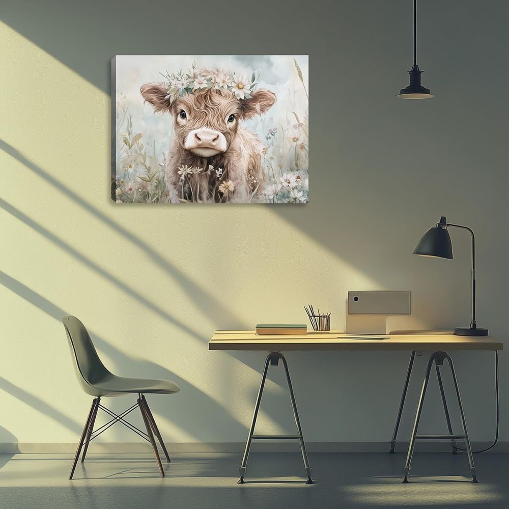 Funny Cute Highland Cow Canvas Wall Art Highland Cattle Picture Painting Wall Decor Flowers Animals Poster Print Artwork Decoration for Farmhouse Living Room Bedroom Home Decor 16L x 12W