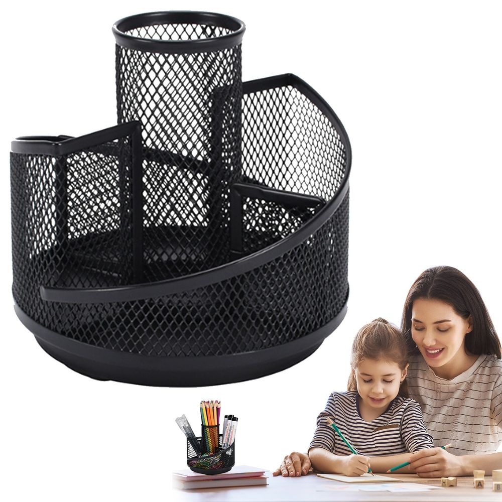 Rotating Pencil Holder 360 Metal Mesh Desk Organizer Black