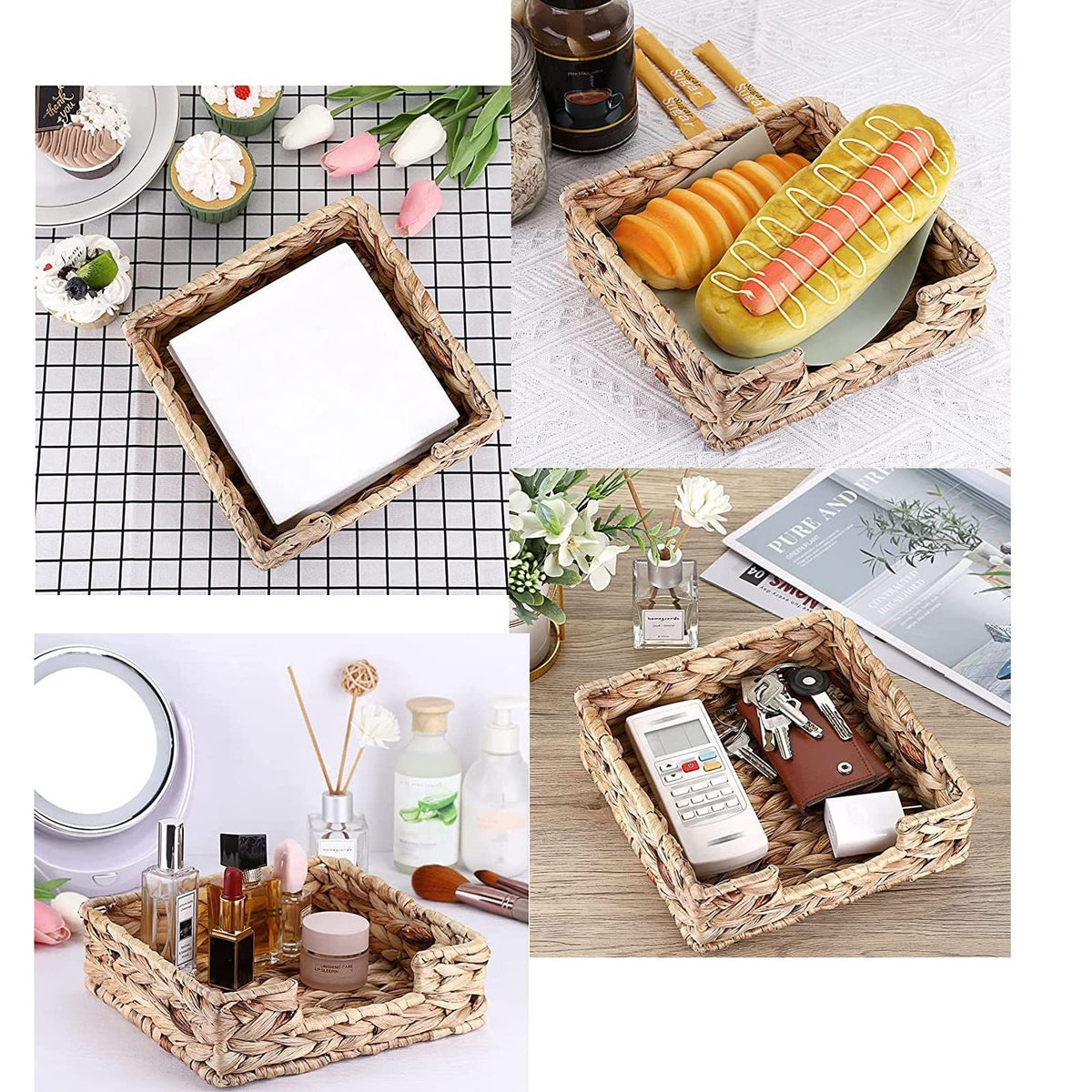 Water Hyacinth Guest Towel Holder for Bathroom, Wicker Napkins Baskets for Dinning Room, Rattan Napkin Holders for Tables,  1 Pack（Square 18 * 18 * 7cm）