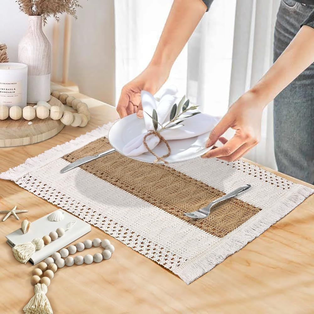 Placemats Set of 4, Table Decor and Farmhouse Style Placemats Cotton hemp , for Dining Table, Caramel