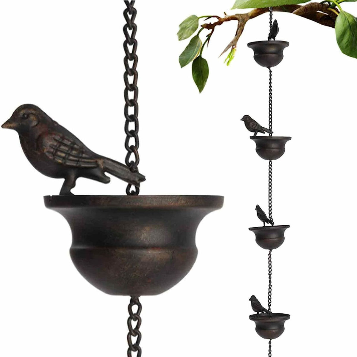 Metal Bird Rain Chain for Gutters, Rust-Resistant Outdoor Rain Catcher with Hanging Gutter Adapter, Perfect for Heavy Rain, Indoor/Outdoor Decoration, Dark Bronze Finish