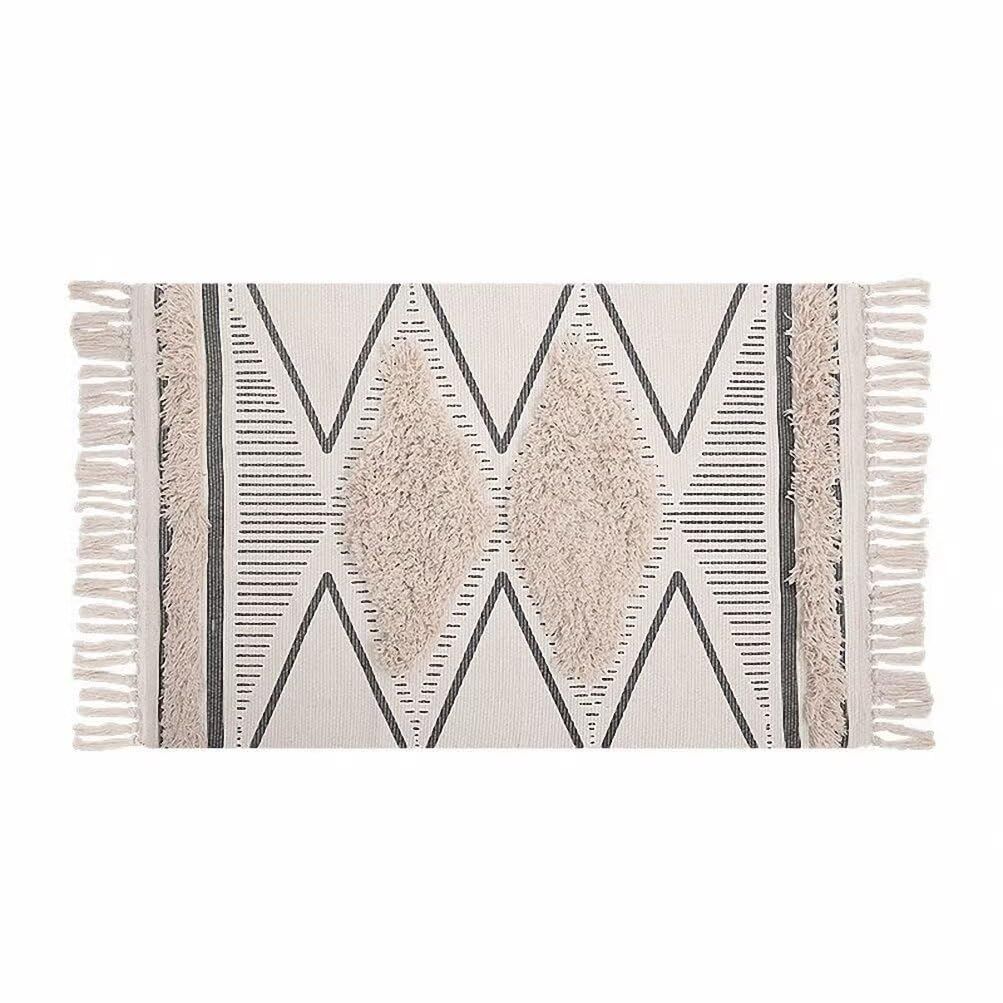 Boho Bathroom Rug   Hand Woven Cotton Tufted Chic Diamond Print Tassels Throw Rugs Door Mat Indoor Area Rugs for Bedroom, Living Room, Laundry Room（60*90cm）