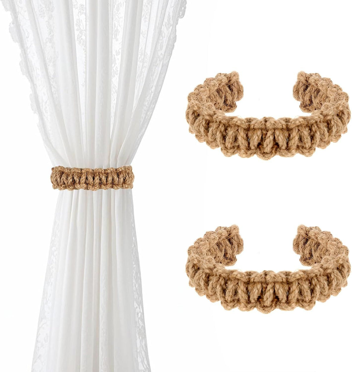 4pcs Curtain Tiebacks Curtain Ties Braided Curtain tie Backs Handmade Curtains tiebacks Curtain Holder Tie Backs for Curtains Rustic Style Curtain holdbacks（brown hemp rope）