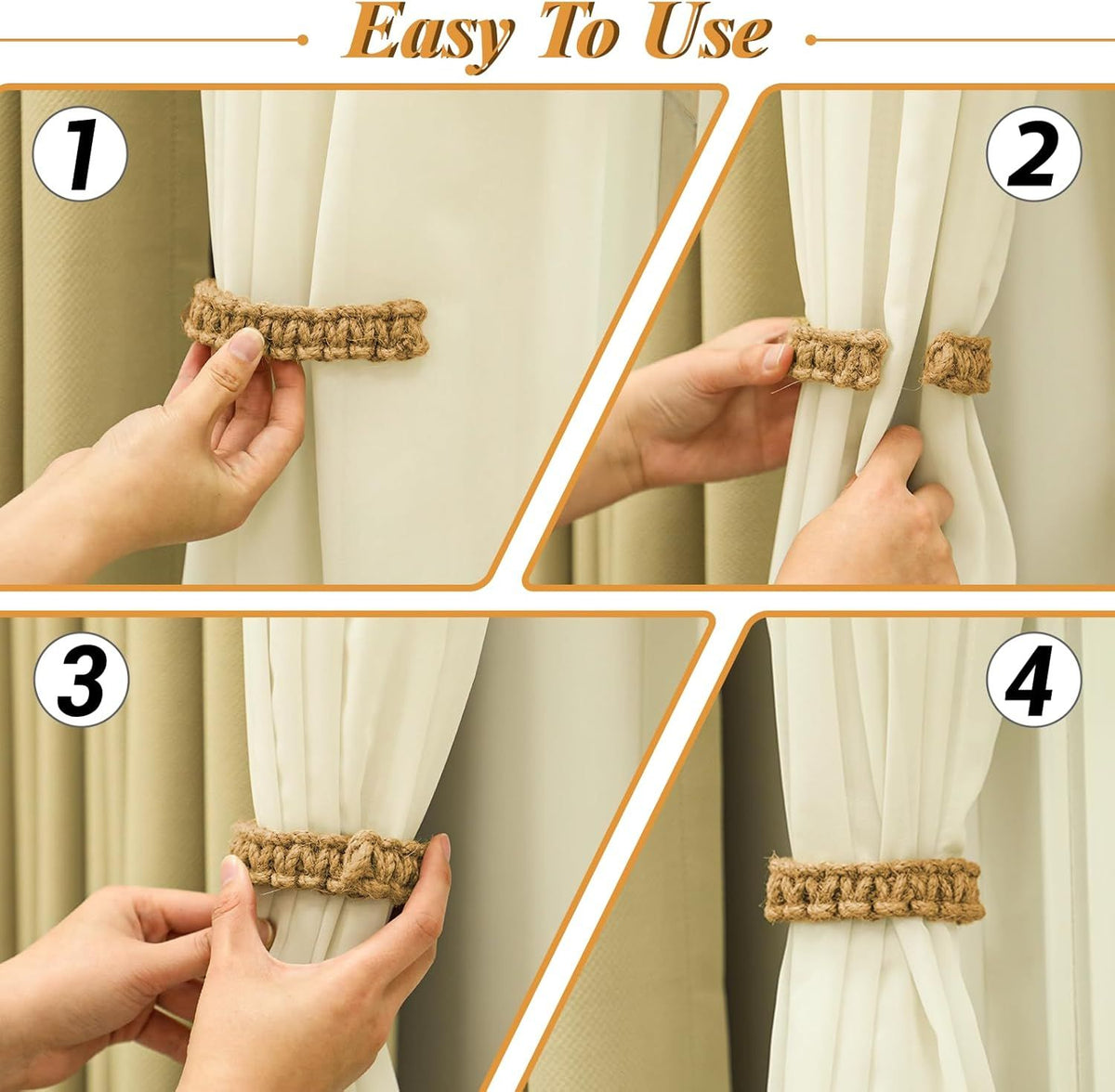 4pcs Curtain Tiebacks Curtain Ties Braided Curtain tie Backs Handmade Curtains tiebacks Curtain Holder Tie Backs for Curtains Rustic Style Curtain holdbacks（brown hemp rope）