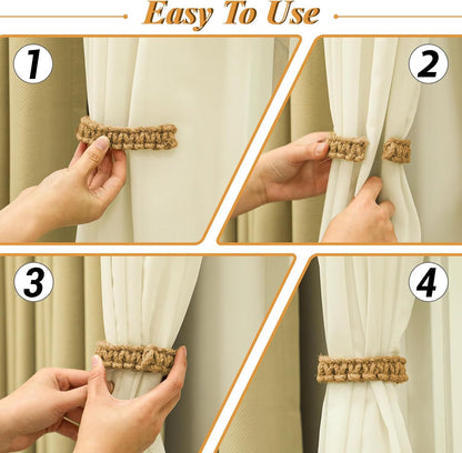 4pcs Curtain Tiebacks Curtain Ties Braided Curtain tie Backs Handmade Curtains tiebacks Curtain Holder Tie Backs for Curtains Rustic Style Curtain holdbacks（brown hemp rope）